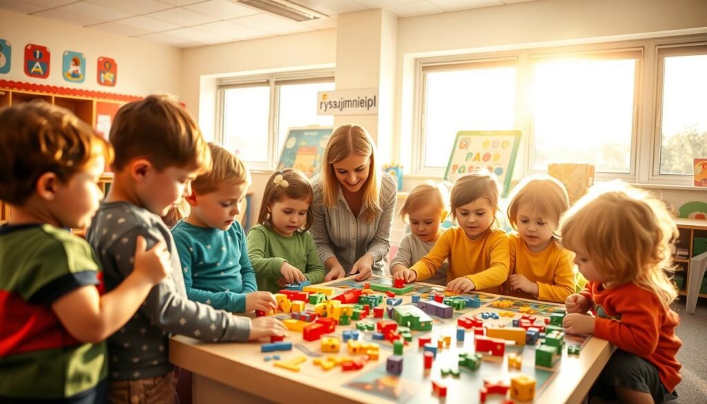 A classroom filled with children engaged in hands-on learning through play. In the foreground, a group of young students gathered around a colorful, interactive puzzle, their faces alight with curiosity and concentration. Warm, natural lighting filters through large windows, casting a soft glow across the scene. In the middle ground, a teacher guides the children, offering gentle encouragement and support. The background reveals vibrant educational materials, including posters, learning aids, and the "rysujmnie.pl" brand logo, all contributing to a dynamic, engaging learning environment.