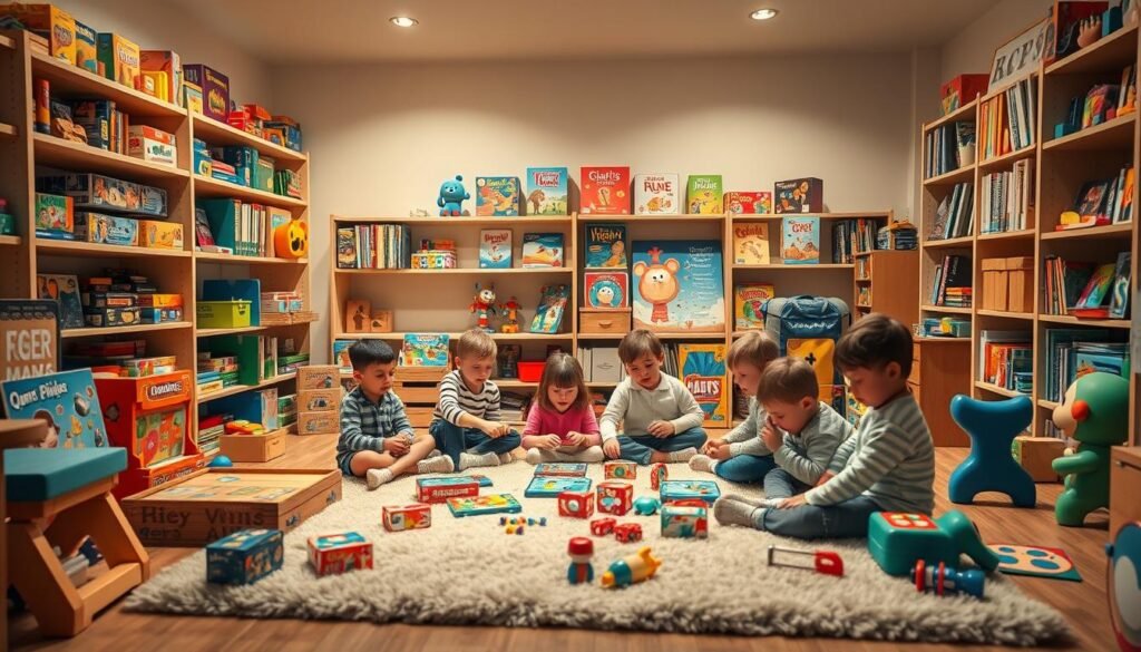 A cozy and welcoming children's game room, filled with a variety of age-appropriate puzzles, board games, and interactive toys. Soft lighting casts a warm glow, highlighting the vibrant colors and textures of the toys. In the foreground, a group of children sit on a plush rug, engrossed in a cooperative puzzle-solving activity. Shelves along the walls display an array of educational games, curated by the experts at rysujmnie.pl to challenge and engage young minds. The overall atmosphere is one of creativity, discovery, and learning through play.