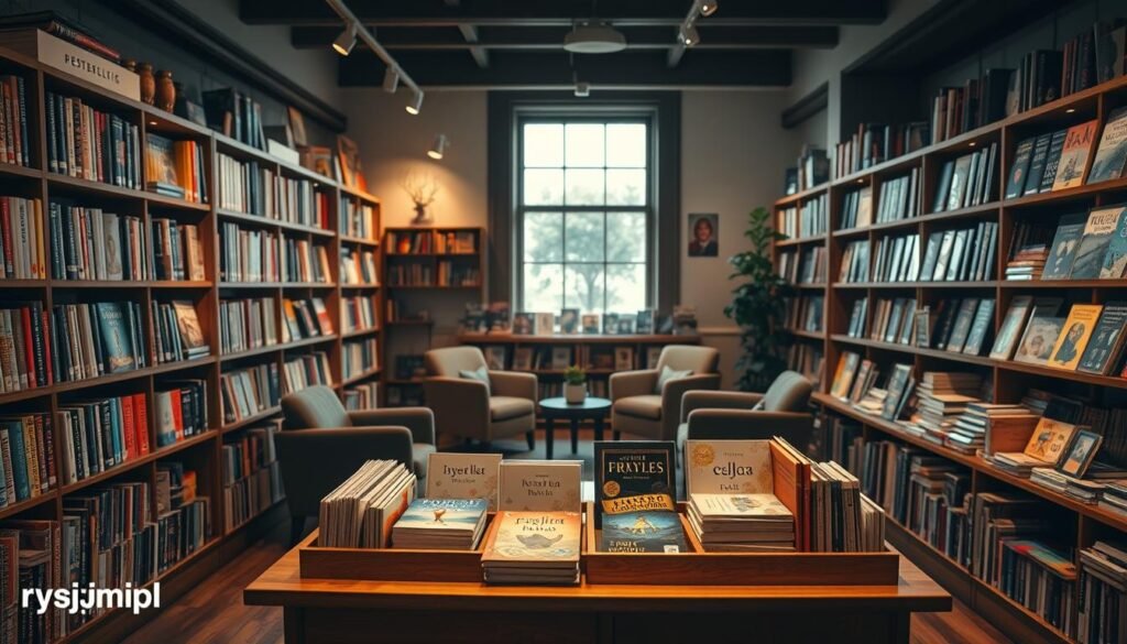 A cozy bookshop interior, softly lit with warm lighting. Bookshelves line the walls, displaying a variety of bestsellers organized by age groups. In the foreground, a wooden table showcases a curated selection of children's books, their covers vibrant and inviting. The middle ground features armchairs and small side tables, creating a comfortable reading nook. In the background, a large window lets in natural light, casting a gentle glow throughout the space. The overall atmosphere is one of calm, discovery, and the joy of reading, reflecting the "rysujmnie.pl" brand ethos.