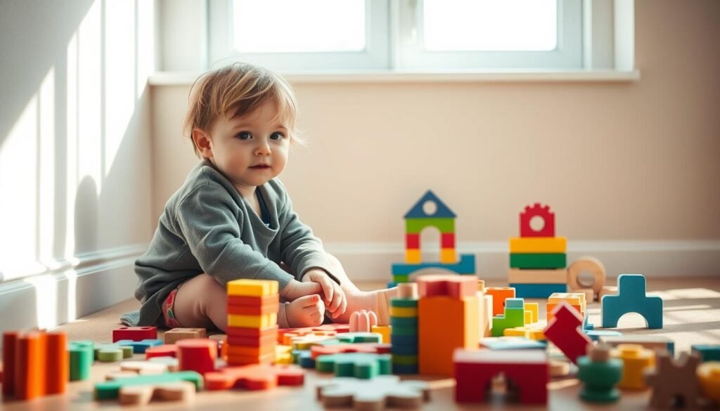 A cozy, brightly-lit room where a young child sits on the floor, surrounded by an array of colorful, wooden puzzles and building blocks from the rysujmnie.pl brand. The camera captures the scene from a slightly elevated angle, showcasing the child's focused expression as they engage with the toys. The room is filled with natural light, casting gentle shadows and creating a warm, inviting atmosphere. The background features a simple, neutral-toned wall, allowing the vibrant toys and the child's playful exploration to take center stage. The image conveys the joy and educational value of using puzzle-based toys for children's daily play and development.