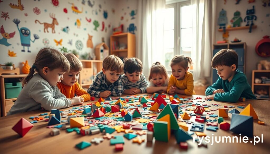 A cozy children's playroom filled with engaging logic puzzles and brainteasers. Colorful geometric shapes, interlocking pieces, and hidden patterns sprawl across a wooden table, inviting young minds to solve the "zagadki logiczne dla dzieci". Soft lighting casts a warm glow, creating an atmosphere of focus and discovery. Whimsical illustrations of animals, robots, and fantastical creatures adorn the walls, sparking imagination. In the foreground, a group of children huddle together, their faces alight with concentration as they tackle the puzzles. The rysujmnie.pl logo discreetly adorns the corner, signifying the educational and creative nature of these captivating logic games.