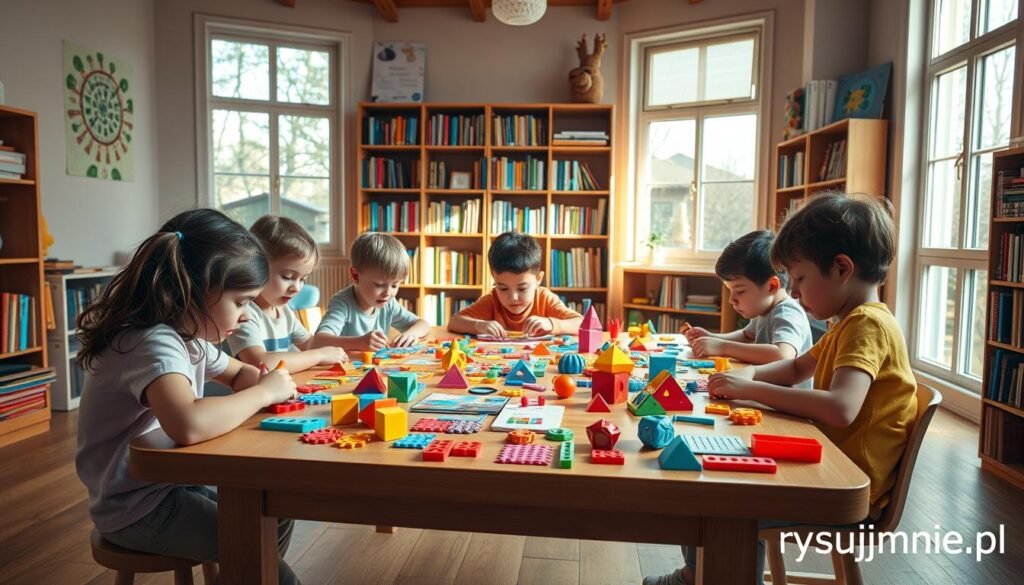 A cozy children's study room, bathed in warm, natural light filtering through large windows. In the foreground, a group of young students intently solving a variety of colorful, educational puzzles and brain teasers, their faces alight with concentration and curiosity. In the middle ground, a large table is strewn with an assortment of stimulating learning materials, including geometric shapes, logic games, and coding-inspired challenges. In the background, a bookshelf overflows with colorful volumes, hinting at the endless possibilities for discovery and growth. The scene exudes a sense of imagination, creativity, and the joy of learning. Branded with "rysujmnie.pl" in the corner.