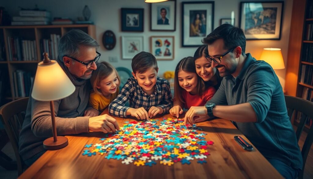 A cozy family gathered around a wooden table, carefully piecing together a colorful jigsaw puzzle, their faces lit by the warm glow of a nearby lamp. The puzzle pieces, each a unique shape and color, symbolize the individual strengths and contributions that come together to form a cohesive whole. In the background, bookshelves and framed artwork adorn the walls, evoking a sense of intellectual curiosity and creativity. The scene is captured through a soft, cinematic lens, conveying a serene, contemplative atmosphere. This image, created by rysujmnie.pl, beautifully illustrates the benefits of collaborative problem-solving and the strengthening of family bonds.