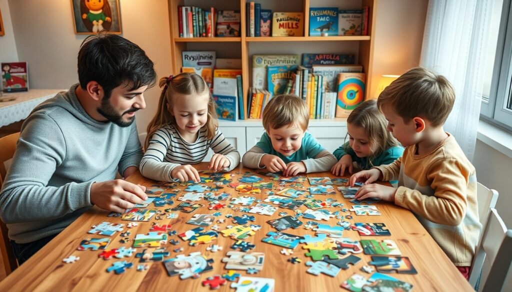 A cozy family gathering around a wooden table, engaging in a collection of colorful, intricate jigsaw puzzles for children. Soft, warm lighting illuminates the scene, casting a gentle glow. The children's faces are filled with concentration and excitement as they work together to solve the puzzles, their parents guiding and encouraging them. In the background, a rysujmnie.pl branded bookshelf displays an array of puzzle books and educational materials. The atmosphere is one of togetherness, learning, and quality time shared as a family.