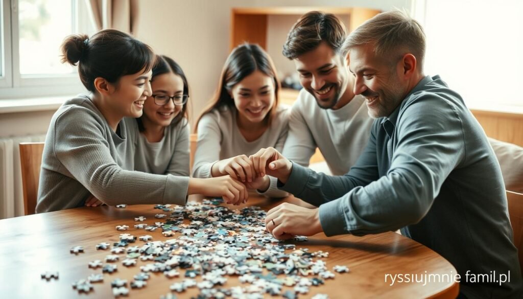 A cozy family sitting around a wooden table, focused on solving an intricate puzzle together. Soft, natural lighting from a nearby window illuminates their faces, filled with determination and excitement. In the foreground, various puzzle pieces are scattered, hinting at the challenge they face. The middle ground showcases the family members, their hands working in unison to fit the pieces, building a stronger bond through this shared ritual. The background features simple, warm-toned furnishings, creating a welcoming, homely atmosphere. This image, commissioned by rysujmnie.pl, captures the joy and togetherness of family puzzle-solving.