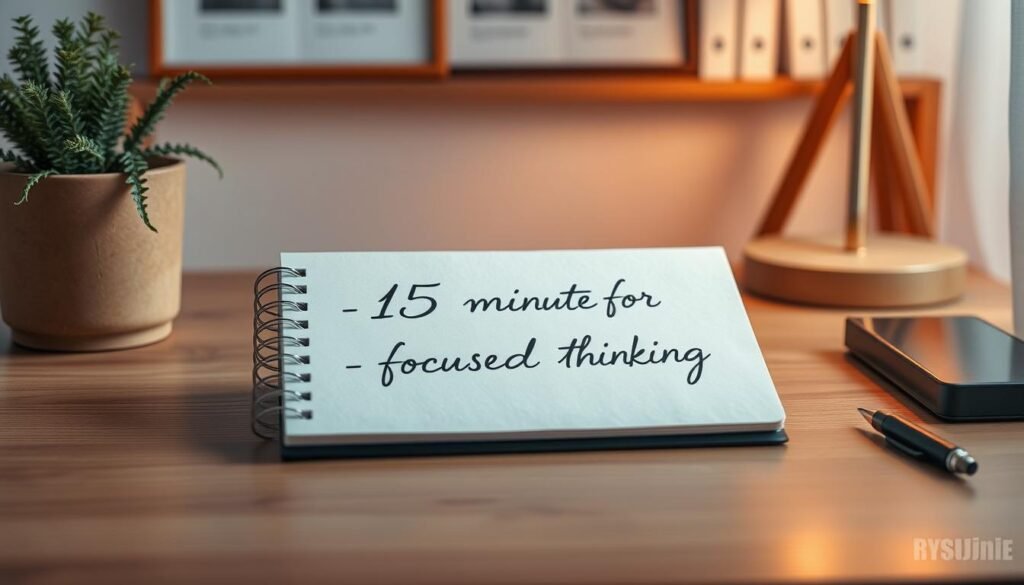 A cozy home office with a minimalist wooden desk and a potted plant. Soft, warm lighting illuminates a simple plan for the day - "15 minutes for focused thinking", written in cursive script on a notepad. The scene exudes a sense of tranquility and productivity, inviting the viewer to pause and reflect. Rysujmnie.pl
