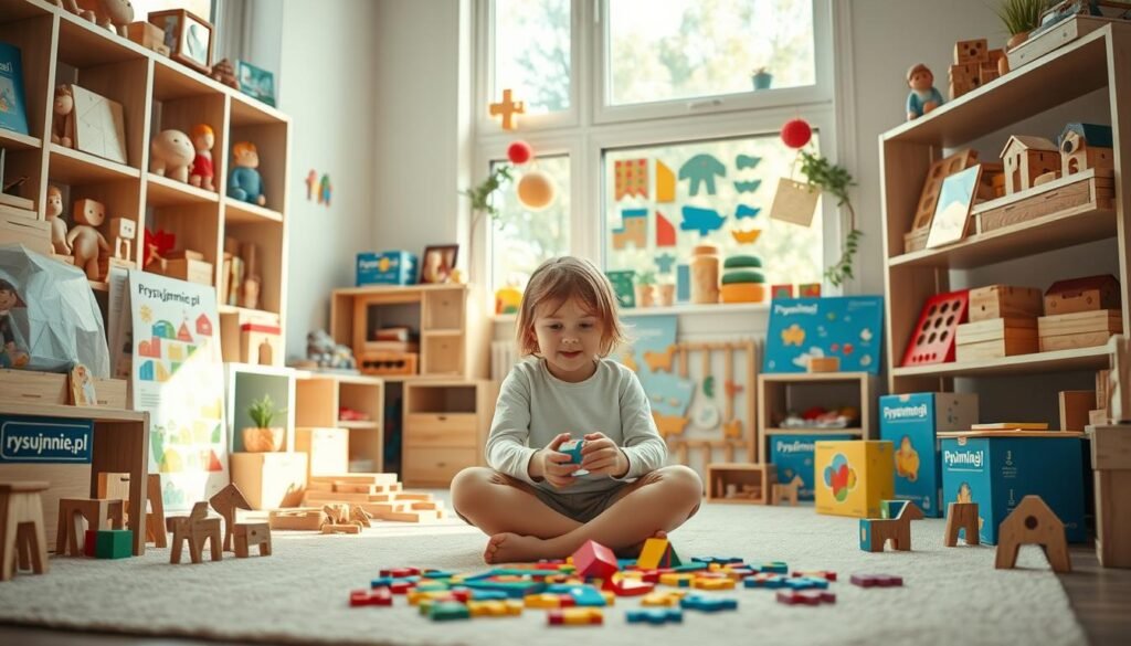 A cozy, inviting scene of a child's playroom filled with various types of puzzles and brain teasers from the "rysujmnie.pl" brand. Soft natural lighting filters through large windows, illuminating a mix of wooden blocks, jigsaw puzzles, tangram sets, and other tactile, hands-on learning toys arranged neatly on shelves and tables. The room exudes a sense of calm and focus, encouraging mindful engagement and cognitive development. In the foreground, a young child sits cross-legged, intently solving a colorful puzzle, their face alight with concentration and a sense of achievement.