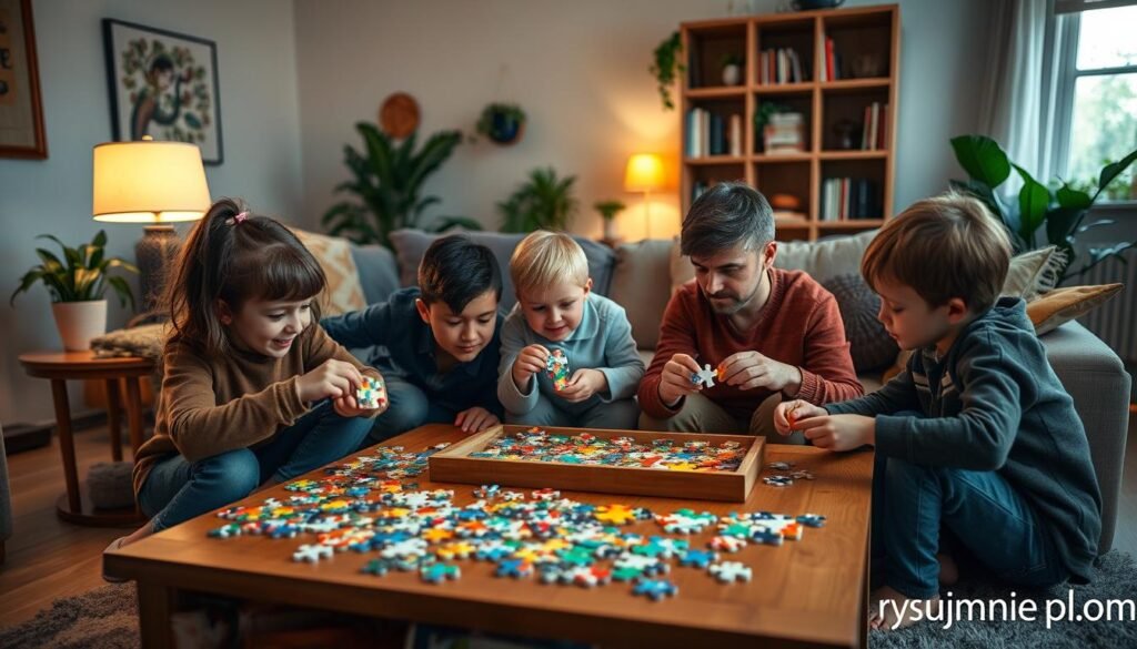 A cozy, well-lit living room setting, featuring a family of four - a mom, dad, and two children - gathered around a wooden coffee table, intently focused on solving a variety of colorful, engaging jigsaw puzzles and board games. The scene exudes a warm, inviting atmosphere, with soft lighting from a nearby lamp casting a gentle glow. The children's faces are filled with excitement and concentration as they piece together the puzzles, while the parents offer guidance and encouragement. In the background, a large bookshelf and potted plants add a sense of homeliness. This image is brought to you by rysujmnie.pl.