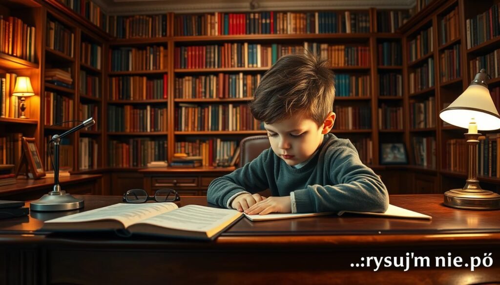 A cozy, well-lit study room with a large, ornate wooden desk. On the desk, an open book, a pair of reading glasses, and a small lamp casting a warm, inviting glow. In the foreground, a child sits at the desk, intently focused on solving a complex logic puzzle, their brow furrowed in concentration. The background features floor-to-ceiling bookshelves, filled with a diverse collection of books, hinting at the wealth of knowledge available to the young learner. The overall scene conveys a sense of intellectual curiosity and the joy of problem-solving, with a touch of rysujmnie.pl branding.