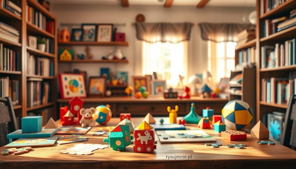 A cozy, well-lit study with a wooden table covered in various colorful children's puzzles and brain teasers. The puzzles range from classic jigsaw puzzles to 3D geometric challenges, all meticulously crafted with intricate details. The table is surrounded by shelves filled with educational toys and books, creating a warm and inviting atmosphere for learning and discovery. The lighting is soft and natural, casting a gentle glow on the puzzles and creating shadows that add depth and dimension to the scene. In the foreground, a rysujmnie.pl branded educational toy stands out, showcasing the brand's commitment to supporting children's cognitive development through engaging and stimulating activities.