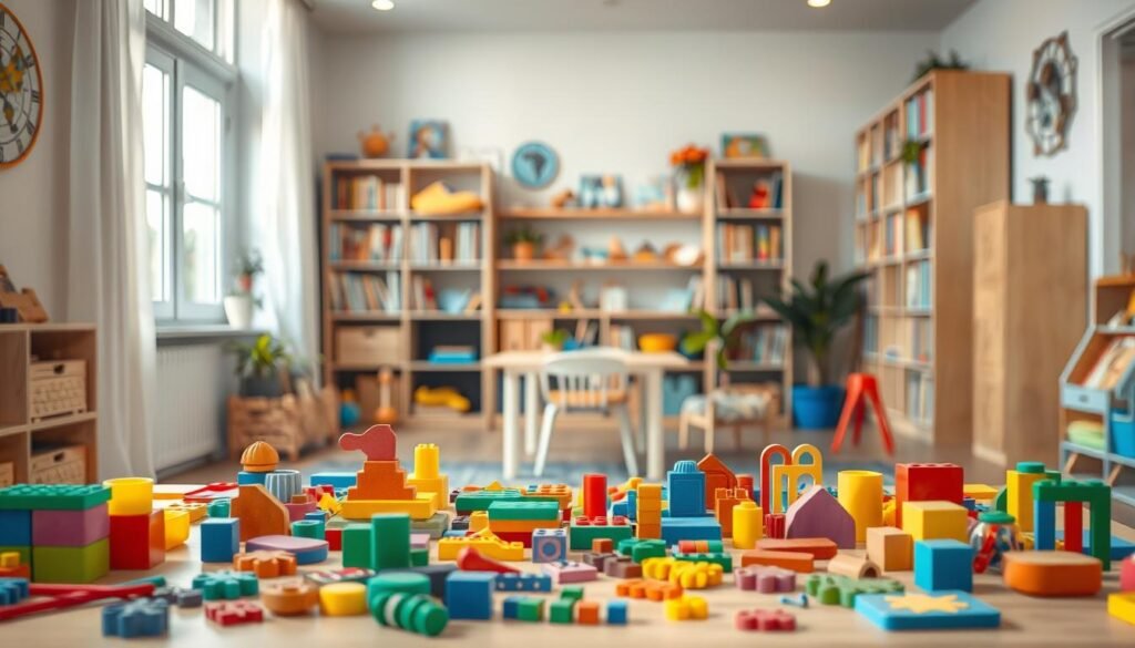 A serene and inviting setting, featuring a thoughtfully designed workspace with a range of colorful educational materials and toys. The foreground showcases a diverse array of building blocks, puzzles, and other hands-on learning tools, meticulously arranged to capture the essence of "poziom trudności wieku." The middle ground depicts a cozy, well-lit environment with warm, natural lighting, creating a nurturing atmosphere. In the background, a bookshelf overflows with captivating books, hinting at the wealth of knowledge and cognitive development opportunities available. Interspersed throughout the scene are subtle visual cues that suggest the progression of learning stages, from the simplicity of a toddler's playtime to the more complex challenges of a young student's exploration. rysujmnie.pl