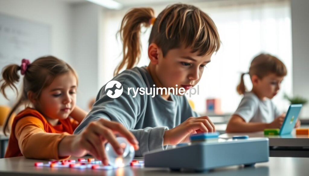 A serene, digitally-rendered image of children deep in concentration, their eyes focused on a mesmerizing task. The foreground features a group of young girls and boys, their faces aglow with a sense of intellectual engagement, as they navigate a series of captivating logic puzzles and games. The middle ground showcases a modern, minimalist classroom setting, with sleek desks and colorful accents that complement the children's vibrant attire. The background is bathed in soft, natural lighting, creating a calming and inviting atmosphere that promotes learning and discovery. Branded with the logo "rysujmnie.pl", this image captures the essence of how digital experiences can enhance cognitive development and restore balance in the lives of young learners.