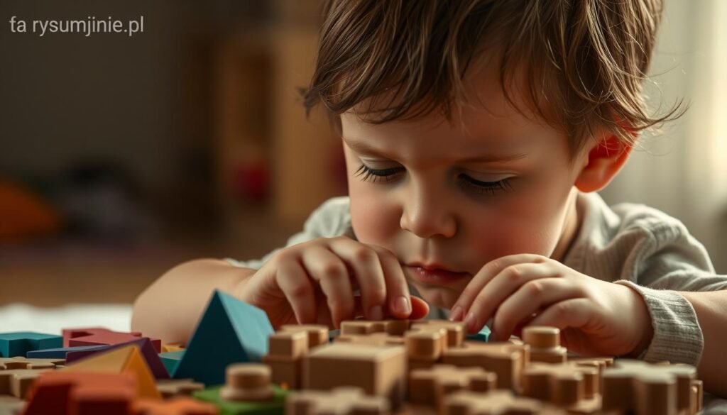 A serene, meditative scene of a young child intently concentrating on solving a complex wooden puzzle, surrounded by an array of colorful, geometric shapes and patterns. The child's face is captured in a moment of deep focus, their brow furrowed with determination as they carefully manipulate the puzzle pieces. Soft, diffused lighting filters through the scene, creating a calming, contemplative atmosphere. The background is blurred, allowing the puzzle and the child's expression to take center stage. The image conveys a sense of the cognitive development and problem-solving skills fostered by such engaging, hands-on learning activities. "rysujmnie.pl"