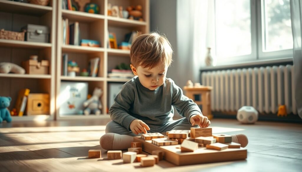 A serene, thoughtful atmosphere with a young child sitting cross-legged on the floor, intently solving a wooden puzzle. The soft natural lighting filters through a window, casting gentle shadows. The child's expression is one of deep concentration, as they navigate the challenge of fitting the abstract shapes together, sparking their cognitive development. In the background, a bookshelf filled with educational toys and learning materials, reflecting the importance of interactive play in nurturing a child's growing mind. A sense of quiet wonder permeates the scene, capturing the essence of "zagadki rozwój myślenia". Branding: rysujmnie.pl.