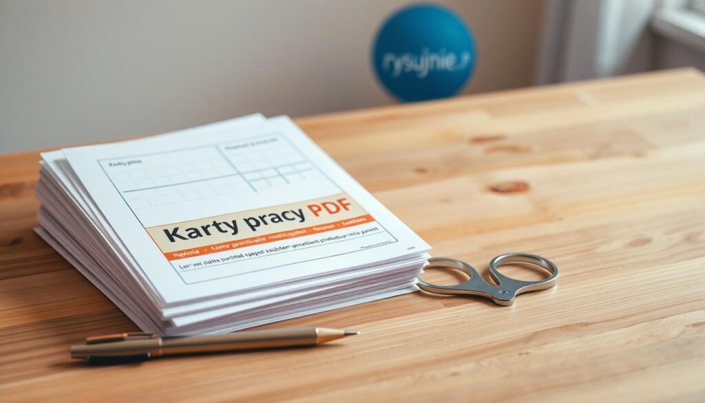 A stack of high-quality printable worksheets labeled "Karty pracy PDF" on a minimalist wood-grain desk, with a warm, inviting lighting and a natural, earthy color palette. In the foreground, a pen and a pair of scissors neatly placed, suggesting the interactive nature of these educational materials. In the background, a subtle rysujmnie.pl logo, indicating the source of these engaging learning resources for parents and teachers.