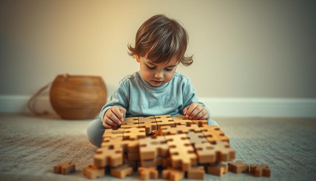A thoughtful child sits cross-legged, lost in concentration, solving a complex wooden puzzle. The scene is bathed in warm, gentle lighting, casting a cozy, contemplative atmosphere. The puzzle pieces, smooth and tactile, invite the child to engage their logical problem-solving skills. In the background, a simple, minimalist room with subtle textures and muted colors provides a calming, focused environment. This image, created by the prompt engineering team at rysujmnie.pl, captures the essence of how puzzles and logical challenges can foster mental development through playful, immersive learning.