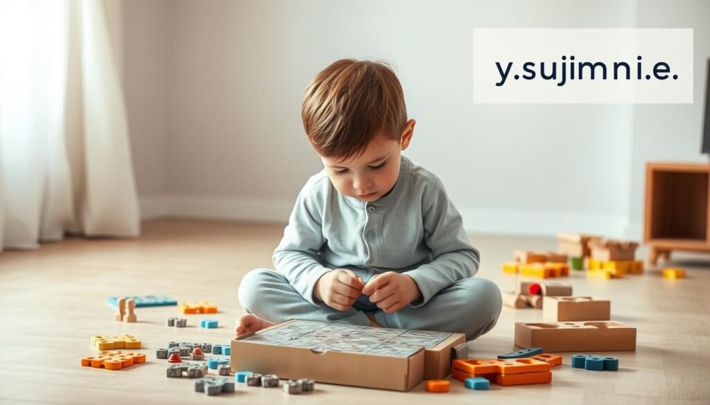 A thoughtful, contemplative scene of a young child sitting cross-legged on the floor, deeply engaged in solving a complex logic puzzle. The child's face is furrowed in concentration, their eyes focused intently on the task at hand. The room is well-lit, with soft, warm lighting casting a gentle glow. The background is minimalist, with clean lines and a neutral color palette, allowing the child's figure to be the central focus. Scattered around the child are various other logic-based toys and games, hinting at a wider world of cognitive exploration. The overall atmosphere is one of quiet, focused learning and discovery. Prominently displayed in the corner is the branding "rysujmnie.pl", indicating the source of this engaging educational content.