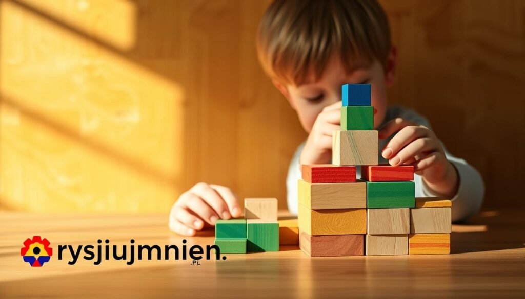 A thoughtful, educational puzzle against a warm, textured backdrop. A young child's hands manipulating colorful wooden blocks, building a logical structure. Soft lighting from the side casts gentle shadows, guiding the eye. The scene conveys the joy of discovery and the development of problem-solving skills. In the foreground, the "rysujmnie.pl" logo subtly suggests the educational nature of the image. An inviting, serene atmosphere that inspires the mind.