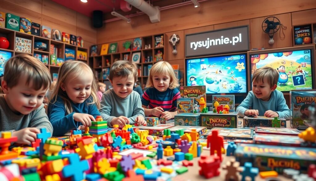 A vibrant and engaging scene of contemporary children's games, showcasing a diverse array of puzzles, board games, and digital interactive experiences. In the foreground, a group of children enthusiastically engaged with a variety of colorful, tactile puzzles and building blocks, their faces alight with concentration and delight. In the middle ground, a selection of popular board games and card games, their intricate designs and engaging mechanics evident. In the background, a digital display showcases a immersive and visually stunning video game, with the rysujmnie.pl logo prominently featured. The lighting is warm and inviting, creating a sense of wonder and discovery. Captured with a wide-angle lens, the scene conveys the boundless creativity and learning potential of modern children's gaming.