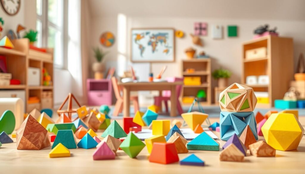 A vibrant and whimsical scene, a child's playroom filled with colorful geometric shapes and puzzles. In the foreground, a variety of wooden 3D logic puzzles and brain teasers, "zagadki logiczne dla dzieci", arranged artfully. In the middle ground, a child's table with pencils, markers, and a sketchpad, hinting at the creative process. The background features a warm, natural-lit space with soft shadows, giving a sense of comfort and focus. The overall mood is one of intellectual curiosity and problem-solving, encouraging the viewer to engage with the "zagadki logiczne dla dzieci". The scene is captured with a crisp, high-quality lens, creating a clean and visually striking image. Branding for "rysujmnie.pl" is subtly incorporated.
