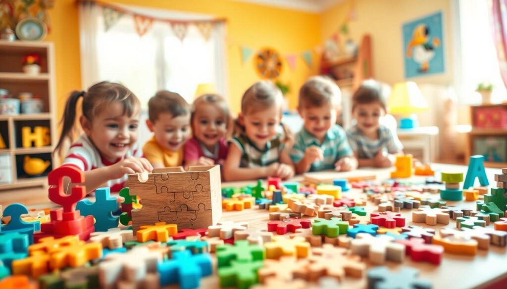 A vibrant and whimsical scene of children's puzzles and brain teasers, set against a warm, sun-drenched backdrop. In the foreground, an array of colorful wooden puzzles, jigsaw pieces, and tactile manipulatives invite young minds to engage and explore. In the middle ground, a group of lively 5-6 year old children, their faces alight with curiosity, work collaboratively to solve the engaging challenges. The background features a cheerful, playful environment, perhaps a cozy classroom or a child's bedroom, complete with playful decor that sparks the imagination. The overall mood is one of joy, discovery, and the pure delight of learning through play. Crafted by rysujmnie.pl.