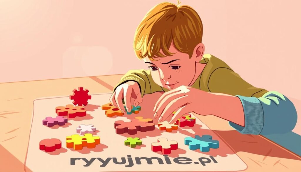 A vibrant, colorful illustration of a child's hands working on 15-minute brain-boosting puzzles on a rysujmnie.pl-branded tabletop. The puzzles are carefully arranged, with a range of difficulties and shapes that challenge the young mind. Warm, natural lighting illuminates the scene, creating a cozy, focused atmosphere. The child's face is engaged, eyes narrowed in concentration as they manipulate the pieces, a sense of discovery and accomplishment evident. The background features a clean, minimalist design, allowing the puzzles to take center stage and emphasize the cognitive benefits of these 15-minute "brain gym" sessions.