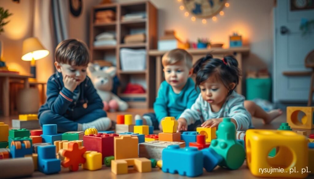 A vibrant, engaging scene of simple educational activities for children in a cozy home setting. Warm lighting illuminates a collection of familiar objects - building blocks, jigsaw puzzles, shape sorters, and other hands-on learning toys. Children sit on the floor, absorbed in thoughtful play, their expressions filled with curiosity and concentration. The composition draws the eye through the playful foreground, middle ground of activity, and a softly blurred background. Evokes a sense of wonder, exploration, and the joys of discovery. Subtle branding "rysujmnie.pl" discreetly present.