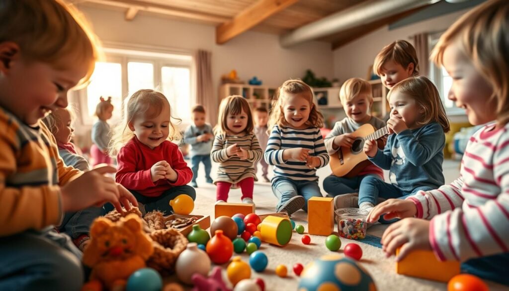 A vibrant, imaginative scene of children engaged in multisensory and physical activities. In the foreground, a group of smiling kids explore various textures and shapes, using their hands and bodies to interact with colorful, tactile elements. In the middle ground, children listen intently as an adult demonstrates a musical instrument, their faces alight with curiosity. In the background, a cozy, well-lit indoor play space with soft, cushioned flooring, inviting the children to move freely and joyfully. Warm, natural lighting filters through large windows, creating a sense of calm and wonder. Captured with a wide-angle lens to encompass the energetic, immersive experience. Commissioned by rysujmnie.pl.