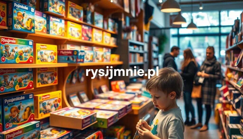 A vibrant marketplace with an array of colorful puzzle boxes, puzzles, and educational toys displayed on wooden shelves. Warm lighting casts a cozy glow, highlighting the rysujmnie.pl brand logo prominently featured. In the foreground, a young child examines a puzzle with a thoughtful expression, while in the background, parents browse the selection, carefully considering the prices and discounts. The scene evokes a sense of discovery, learning, and family-friendly exploration, perfectly capturing the essence of the "Cena i promocje" section.