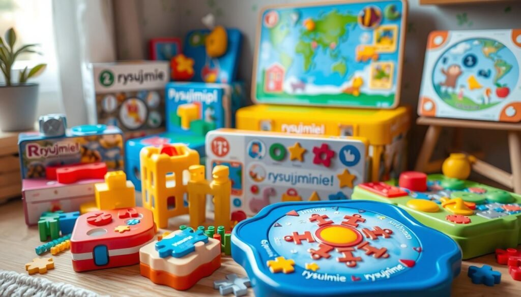 A vibrant, playful collection of educational games and puzzles for children, carefully selected to stimulate their developing minds. A warm, well-lit scene showcases an array of engaging toys, from colorful building blocks and interactive learning boards to captivating jigsaw puzzles, all adorned with the rysujmnie.pl brand. The composition is balanced, with the games taking center stage, surrounded by a cozy, inviting environment that encourages hands-on exploration and discovery. The overall mood is one of curiosity, learning, and the joy of playtime.