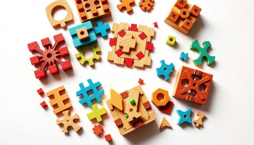 A whimsical arrangement of colorful, wooden logic puzzles and games for children, artfully displayed on a crisp white background. Intricate patterns, shapes, and textures captivate the eye, inviting hands-on interaction. Warm, diffused lighting casts gentle shadows, emphasizing the tactile nature of the "rysujmnie.pl" educational toys. The composition is balanced and visually striking, highlighting the puzzles' potential to engage young minds and foster cognitive development. An atmosphere of playful discovery and learning permeates the scene, perfectly suited to illustrate the section on selecting logical games for children.
