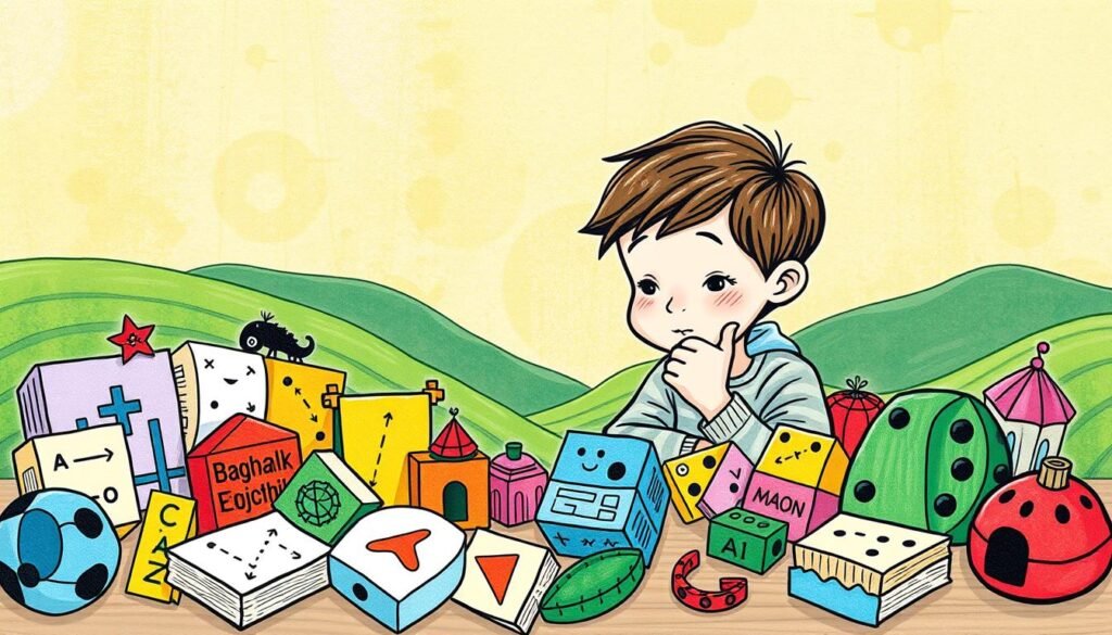 A whimsical, hand-drawn illustration of colorful "zagadki dla dzieci" (riddles for children) against a vibrant, textured background. In the foreground, an array of playful puzzles, brainteasers, and mind-bending challenges, each with its own distinct character and personality. In the middle ground, a child, deep in thought, carefully examining the riddles, their face alight with the thrill of problem-solving. In the background, a lush, dreamlike landscape, evoking a sense of wonder and discovery. Soft, warm lighting casts a gentle glow over the scene, creating a cozy, inviting atmosphere. Rendered in a distinctive, rysujmnie.pl style, this image captures the joy and resilience of tackling life's little challenges.