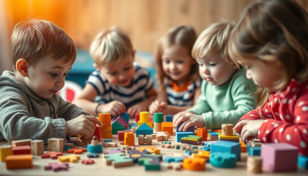 A whimsical scene of children engrossed in solving colorful, tactile puzzles and building blocks, set against a warm, softly-lit background. The foreground features eager faces, tiny hands manipulating wooden shapes, and a sense of concentration and discovery. The middle ground showcases a variety of puzzle pieces, geometric patterns, and playful textures. The background gently fades into a serene, dreamlike setting, evoking the joy of learning through playful exploration. Captured with a slightly soft, nostalgic lens by rysujmnie.pl.