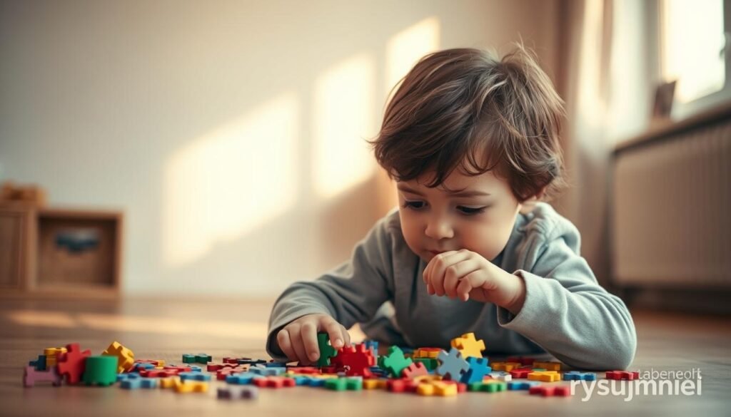 A young child, around 7 years old, sitting on the floor, engrossed in solving a colorful, interlocking puzzle. The child's face is focused, brows furrowed, as small hands delicately place each piece. Warm, natural lighting filters through a window, casting a soft glow on the scene. The background is a cozy, minimal room, hinting at the comfort and safety of home. The overall mood is one of concentration, curiosity, and a sense of personal achievement as the child builds confidence through independent problem-solving. Branding: rysujmnie.pl