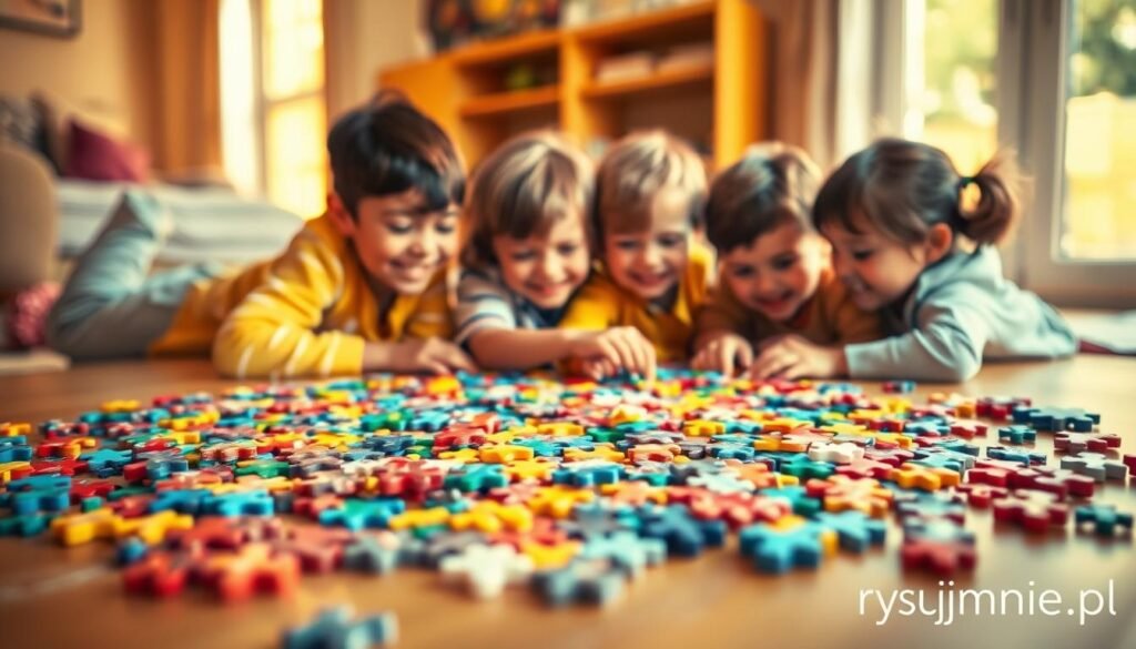 An engaging children's puzzle scene, featuring a vibrant assortment of colorful jigsaw pieces scattered across a warm, wooden surface. In the middle ground, a group of diverse children, their faces filled with joy and concentration, work collaboratively to assemble the puzzle, fostering a sense of shared discovery and accomplishment. The background is softly blurred, creating a sense of intimacy and focus on the central activity. Warm, natural lighting from a nearby window casts a gentle glow, enhancing the cozy, familial atmosphere. The image is signed with the brand name "rysujmnie.pl" in the lower right corner.