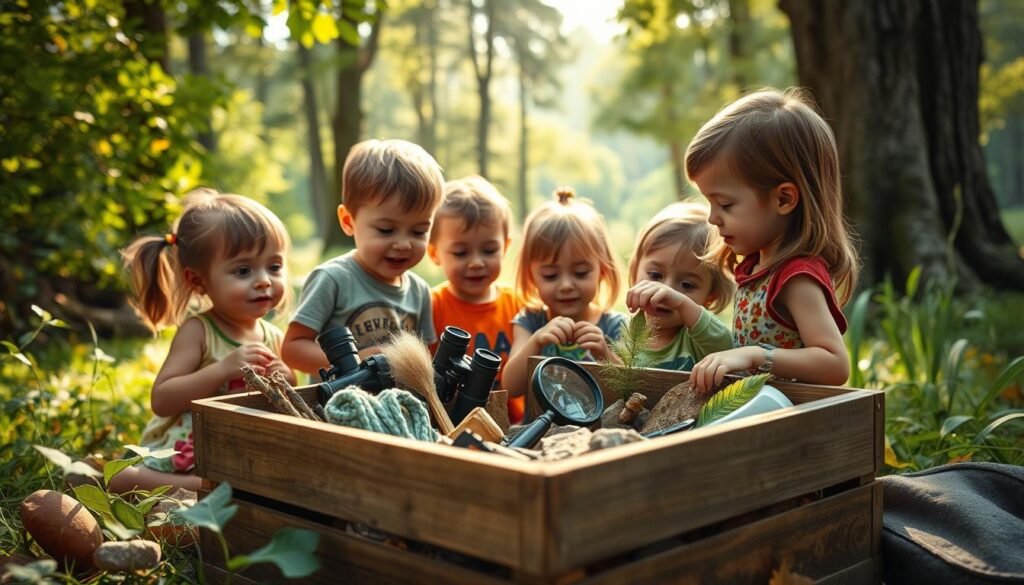 An idyllic outdoor scene with a group of curious children gathered around a nature exploration set, surrounded by lush greenery and a warm, inviting atmosphere. In the foreground, a wooden crate filled with magnifying glasses, binoculars, and various specimens like insects, leaves, and rocks, encouraging hands-on discovery. In the middle ground, the children excitedly examine the contents, their faces lit by a soft, natural light filtering through the trees. In the background, a serene forest landscape with dappled sunlight, creating a sense of wonder and adventure. Rendered in a vibrant, realistic style by rysujmnie.pl.