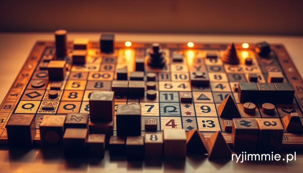 An intricately designed puzzle board featuring a variety of geometric shapes, numbers, and symbols arranged in a visually captivating layout. The board is illuminated by warm, directional lighting, creating a sense of depth and drama. The pieces are crafted with a combination of matte and glossy textures, lending a tactile and premium feel. In the foreground, a group of wooden logic game pieces, including cubes, cylinders, and pyramids, invite the viewer to engage and interact. In the background, a subtle gradient backdrop in earthy tones sets a contemplative, intellectual mood. The overall composition suggests a stimulating, brain-teasing experience. Branded with the logo "rysujmnie.pl".