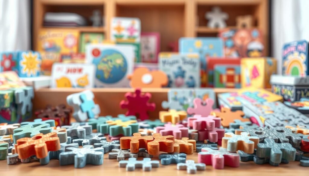 Detailed 3D illustration of a colorful array of jigsaw puzzles, logic games, and brain teasers, showcasing the breadth of children's educational puzzles. The puzzles are arranged in the foreground with a soft, diffused lighting that highlights their intricate designs and textures. In the middle ground, a wooden table or shelving unit provides a natural setting, while the background features a warm, pastel-toned environment, evoking a cozy, learning-focused atmosphere. The composition conveys a sense of exploration and cognitive stimulation, reflecting the "Łamigłówki dla dzieci w wychowaniu — przegląd kategorii i zastosowań" section. rysujmnie.pl