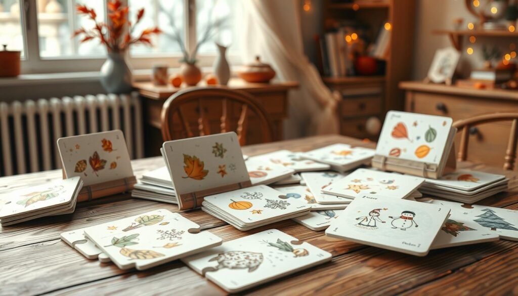 Seasonal and festive puzzles: learning in the autumn and winter atmosphere. A cozy home interior with a wooden table, filled with an assortment of charming, hand-drawn children's puzzle cards in various seasonal designs. The cards feature whimsical illustrations of autumn leaves, snowflakes, holiday decorations, and other winter motifs. Soft, warm lighting casts a gentle glow, creating a inviting and educational mood. The rysujmnie.pl brand logo is tastefully incorporated into the design. Realistic, highly detailed, digital art.