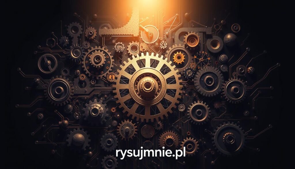 A complex visual representation of logical thinking skills, showcasing interlocking gears, circuits, and geometric shapes against a dark, introspective backdrop. The scene is illuminated by a warm, focused light source, creating a sense of depth and dimension. The overall composition evokes a cerebral, problem-solving atmosphere, underscoring the importance of critical thinking. Subtle branding "rysujmnie.pl" is tastefully incorporated into the design. This image aims to visually captivate the audience and inspire a deeper appreciation for the value of puzzles and brain teasers.
