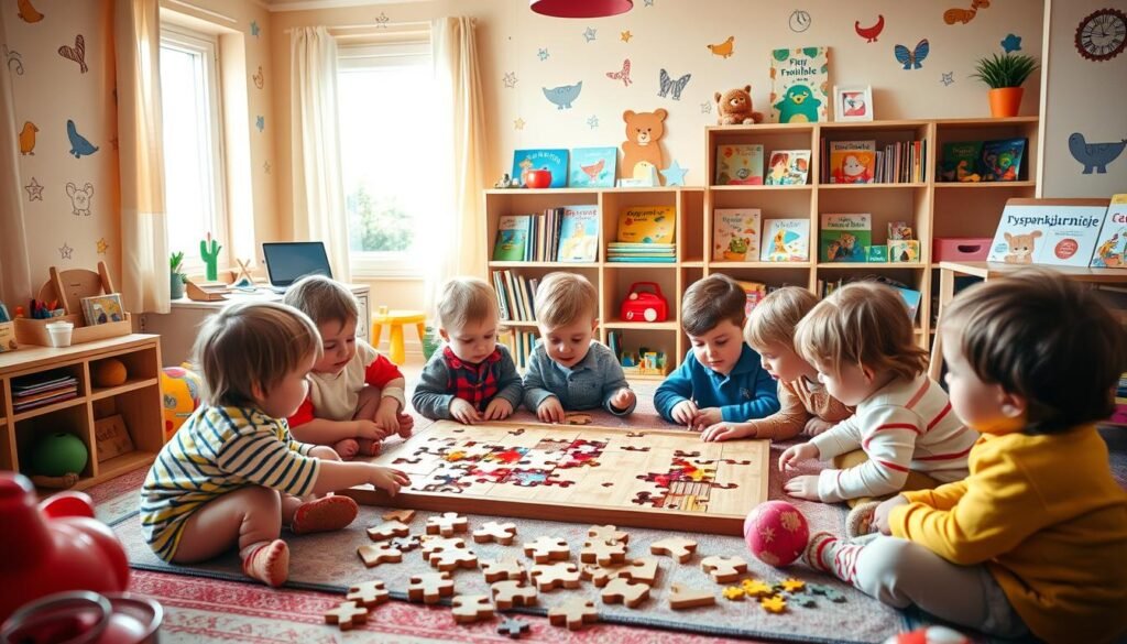 A cozy and inviting children's playroom, filled with vibrant colors and a variety of engaging puzzles and toys. In the center, a group of young children aged 2-6 are deeply immersed in solving a large, wooden jigsaw puzzle, their faces alight with concentration and delight. The room is bathed in warm, natural lighting, and the walls are adorned with whimsical illustrations of animals and shapes, creating a sense of imagination and wonder. In the background, a bookshelf displays the "rysujmnie.pl" brand, showcasing a collection of educational books and resources tailored for this age group.
