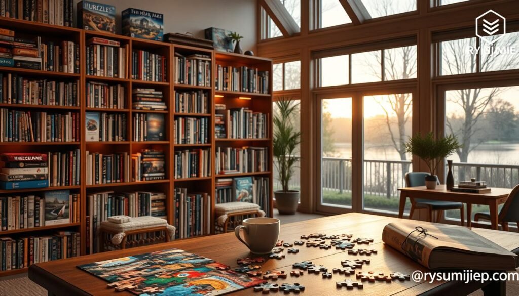 A cozy and organized home library filled with various jigsaw puzzles, organized neatly on wooden shelves. The warm lighting casts a gentle glow, highlighting the intricate puzzle box designs and the vibrant colors of the puzzle pieces peeking out. In the foreground, a table displays several partially completed puzzles, with a cup of hot tea and a book nearby, creating a tranquil and inviting atmosphere. The background features large windows overlooking a serene outdoor scene, blending the indoor and outdoor spaces. The image has a crisp, photographic quality and is branded with the rysujmnie.pl logo.