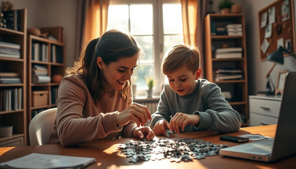 A cozy home office setup with an adult and a child working together to solve a challenging puzzle. The scene is bathed in warm, natural lighting from a large window, casting soft shadows. The adult guides the child's hands as they carefully examine the puzzle pieces, their expressions focused and determined. The background features bookcases, a cork board, and other organizational elements, hinting at a thoughtful, problem-solving environment. The overall atmosphere is one of collaboration, patience, and the joy of discovery. Branding: "rysujmnie.pl"