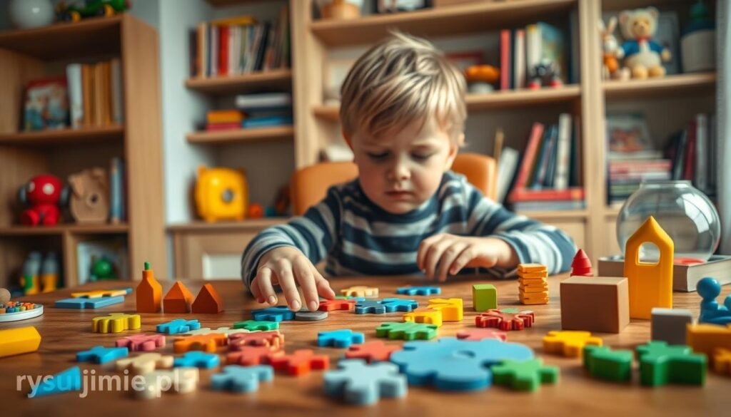 A cozy home study filled with an assortment of age-appropriate puzzles and brain teasers for a curious young child. Soft, warm lighting illuminates a wooden table where colorful shapes, jigsaw pieces, and logic games beckon to be solved. In the foreground, a small child's hands carefully manipulate the various components, brow furrowed in concentration. The background features shelves stocked with educational toys and books, creating a nurturing, stimulating environment for a child's intellectual development. The scene conveys a sense of discovery, learning, and the gentle guidance of a parent or teacher. Branding: rysujmnie.pl