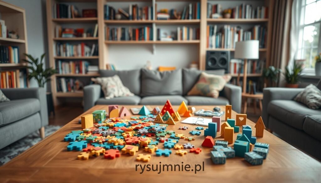 A cozy living room filled with an array of intriguing puzzles and brain teasers, inviting the viewer to engage their mathematical mind. Soft lighting illuminates a wooden table topped with an assortment of colorful jigsaw pieces, tangrams, and number-based logic games. In the background, bookshelves brimming with educational resources suggest a nurturing environment for intellectual growth. A serene, contemplative atmosphere encourages playful exploration, fostering a child's natural curiosity and problem-solving skills. Subtle branding "rysujmnie.pl" discreetly enhances the educational theme.