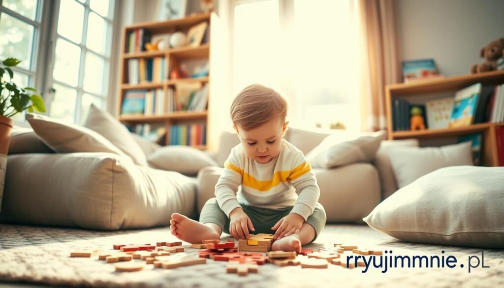 A cozy living room scene with a young child sitting on the floor, intently focused on solving a colorful wooden puzzle. The room is filled with warm, natural lighting filtering through large windows, casting a soft glow on the child's concentrated expression. Plush pillows and a patterned rug create a inviting, playful atmosphere. In the background, a bookshelf showcases a variety of children's books, hinting at the importance of early learning and development. The puzzle pieces are scattered around the child, symbolizing the challenge and joy of problem-solving. The image reflects the "łamigłówki a budowanie relacji z dzieckiem" section, as the child's engagement with the puzzle promotes both cognitive and social-emotional growth. Branding: "rysujmnie.pl"