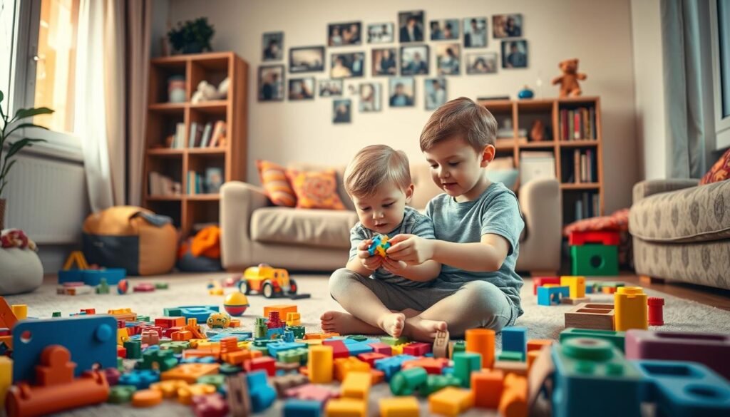 A cozy living room with a young child sitting cross-legged on the floor, surrounded by a variety of colorful puzzles, blocks, and other toys. The room is bathed in warm, soft lighting, creating a welcoming and relaxed atmosphere. In the background, a family photo wall and a bookshelf suggest a lived-in, homely environment. The child's expression is one of deep concentration as they work on solving a puzzle, hinting at the engaging nature of the activity. The overall scene evokes a sense of familial bonding and the joy of shared discovery. rysujmnie.pl