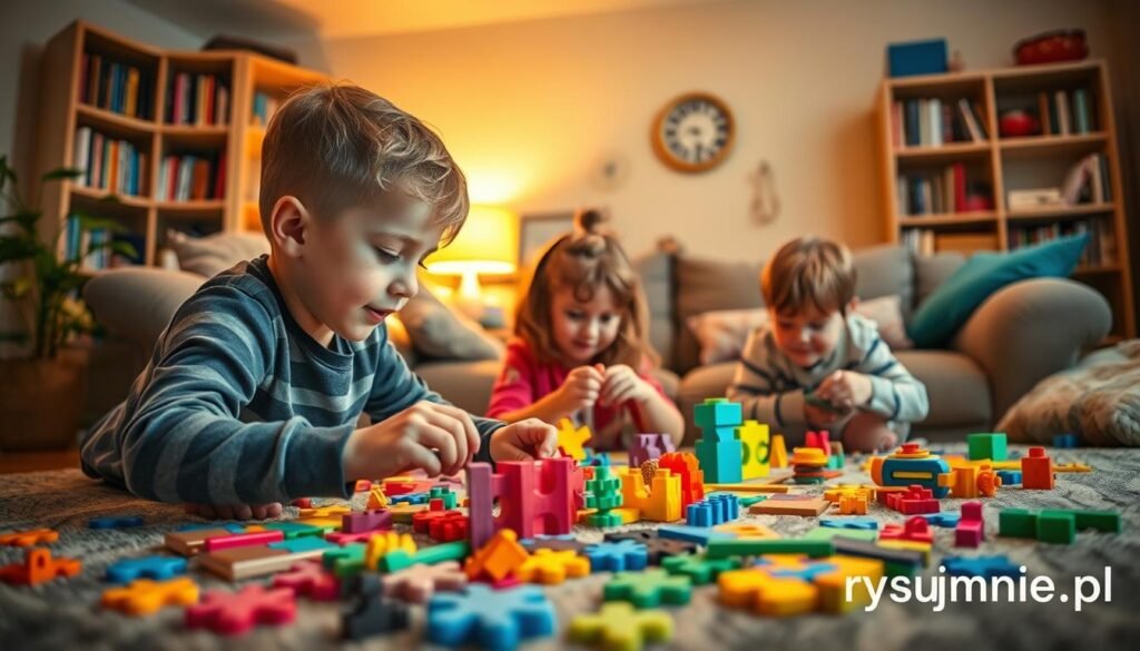 A cozy living room with children playing and solving colorful, engaging puzzles and brain teasers. Warm, soft lighting illuminates the scene, casting a gentle glow. In the foreground, a young boy and girl collaborate, their faces lit with concentration and excitement as they unlock the mysteries before them. In the middle ground, a variety of vibrant, tactile puzzles and logic games are spread out, beckoning to be explored. The background features bookcases filled with educational resources, suggesting a nurturing, stimulating environment for young minds to thrive. The overall atmosphere is one of discovery, learning, and wholesome family bonding. "rysujmnie.pl" branding is subtly incorporated into the scene.