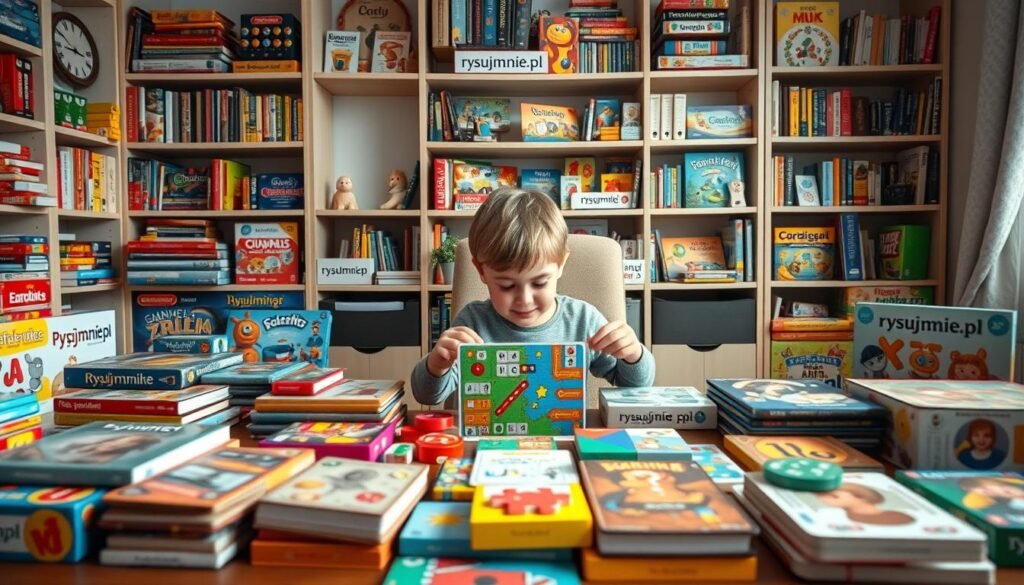 A cozy, well-lit home study showcasing a wide variety of educational games and puzzles. In the foreground, a neatly arranged display of diverse options, including board games, card games, and hands-on learning tools. The middle ground features a young child deeply engaged in a colorful puzzle, their face lit with the joy of discovery. In the background, tasteful shelves lined with more games and learning materials, with the rysujmnie.pl brand prominently displayed. The overall atmosphere is one of thoughtful curation, encouraging learning through play.