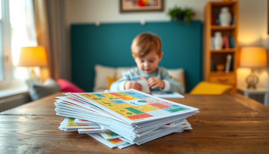 A cozy, well-lit room, with a wooden table in the foreground. On the table, a stack of brightly colored printed pages featuring a variety of engaging puzzles and brain teasers for children. The pages are marked with the "rysujmnie.pl" logo, indicating that they are free, printable resources. In the middle ground, a small child sitting at the table, deeply focused on solving one of the puzzles, their face lit with a sense of concentration and accomplishment. The background is softly blurred, creating a warm, inviting atmosphere. The overall scene conveys the joy and educational value of engaging with these simple, cost-effective learning activities.